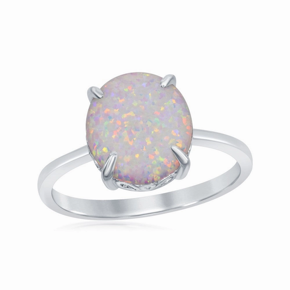Sterling Silver Four-Prong White Inlay Opal Oval Ring - W-1850