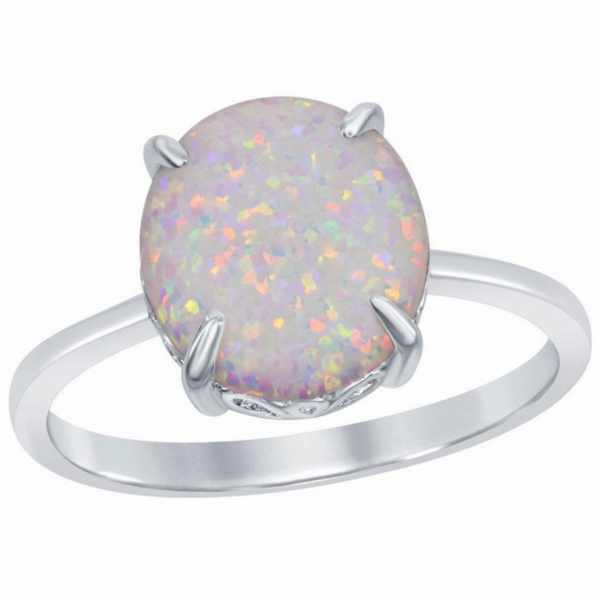 Sterling Silver Four-Prong White Inlay Opal Oval Ring - W-1850