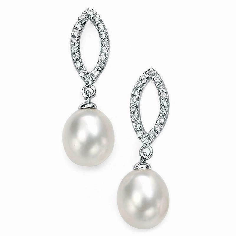 Sterling Silver Freshwater Pearl and CZ Drop Earrings E3860W
