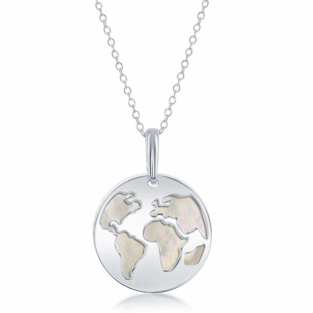 Sterling Silver Globe Cut-Out with MOP Disc Necklace