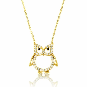 Sterling Silver Gold CZ Open Owl Necklace
