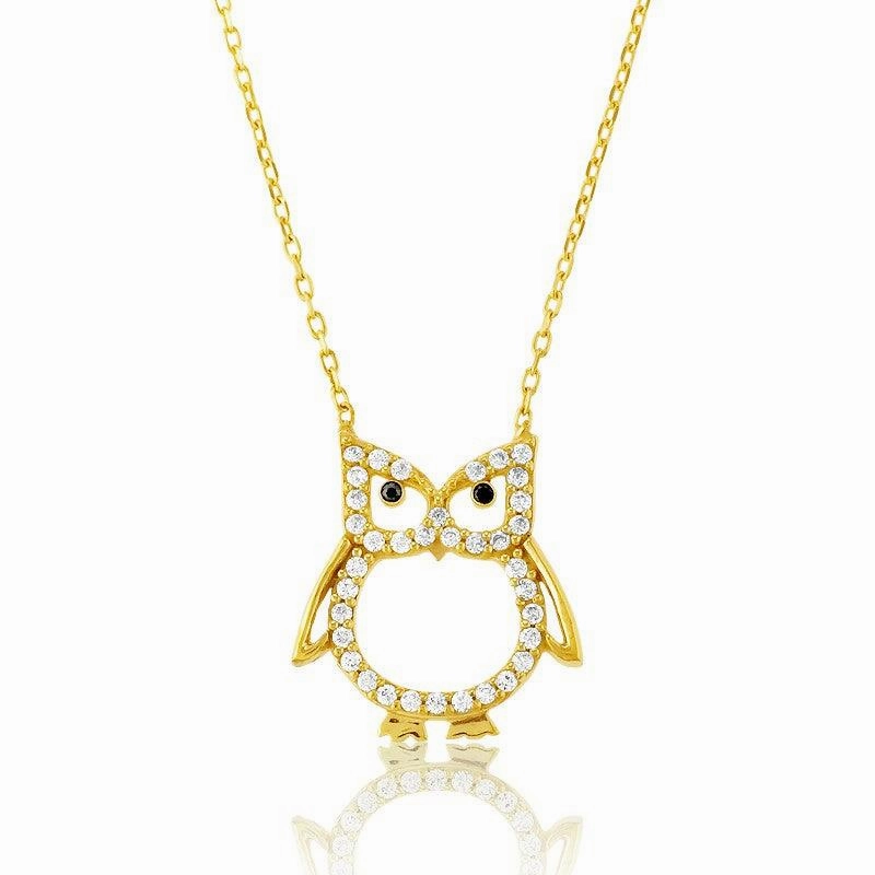 Sterling Silver Gold CZ Open Owl Necklace