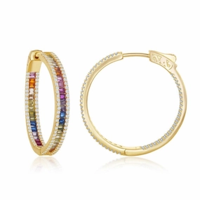 Sterling Silver Gold Plated 4x30mm Rainbow CZ Hoop Earrings