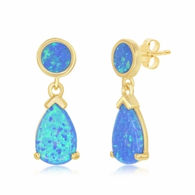 Sterling Silver Gold Plated Blue Inlay Opal Dangling Earrings