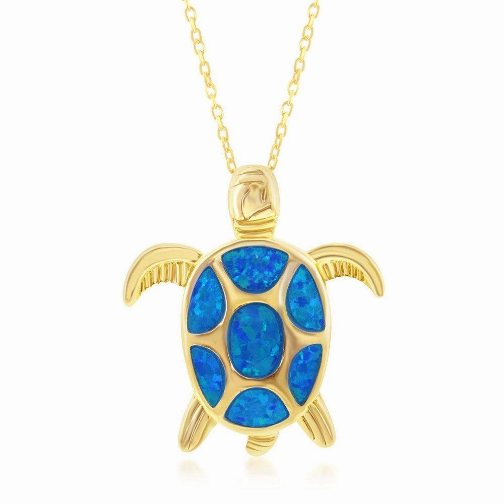Sterling Silver Gold Plated Blue Inlay Opal Turtle Pendant