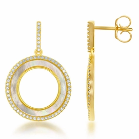 Sterling Silver Gold Plated MOP CZ Circle Earrings