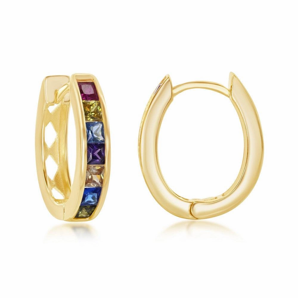 Sterling Silver Gold Plated Rainbow CZ Oval Hoops Earrings