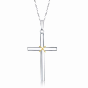 Sterling Silver Gold Plated Rope Design Solid Cross Pendant