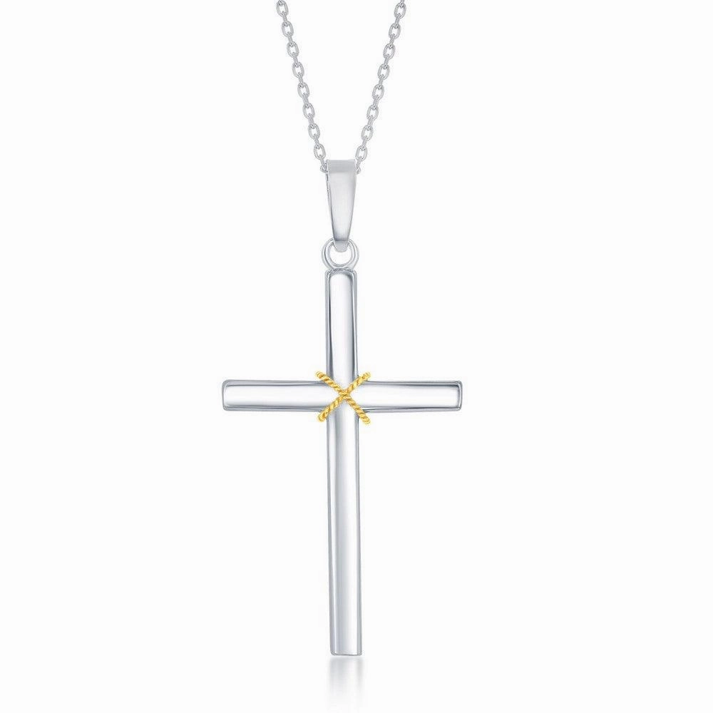 Sterling Silver Gold Plated Rope Design Solid Cross Pendant