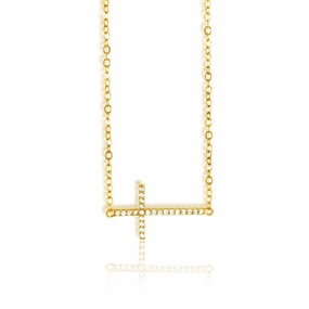 Sterling Silver Gold Sideways CZ Cross Necklace