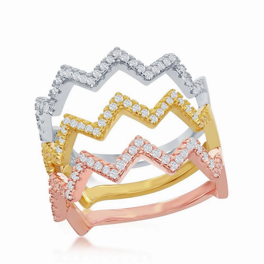 Sterling Silver GP and Rose GP CZ Wavy Triple Band Ring, Size 8