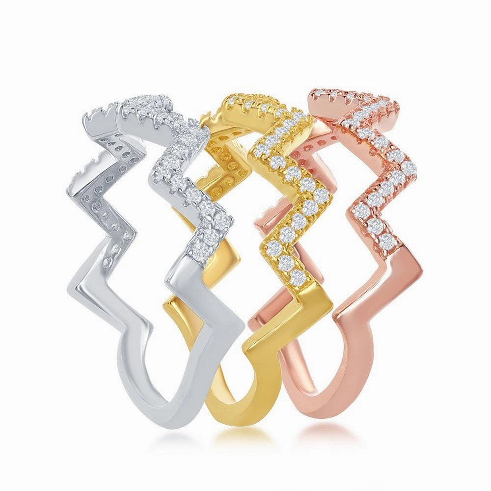 Sterling Silver GP and Rose GP CZ Wavy Triple Band Ring, Size 8