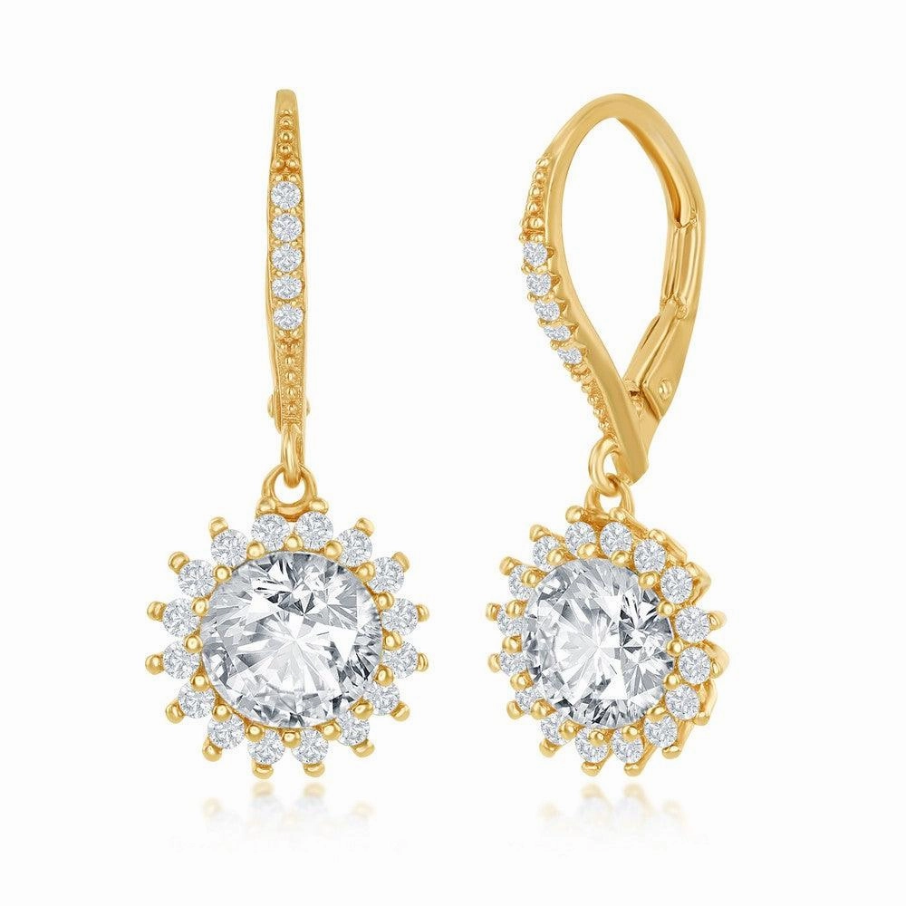 Sterling Silver GP Round Halo Flower CZ Dangling Earrings