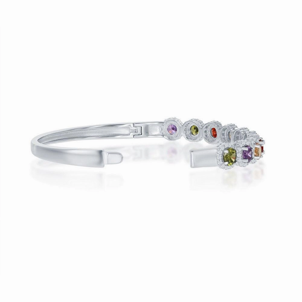 Sterling Silver Halo Rainbow CZ with White CZ Border Bangle