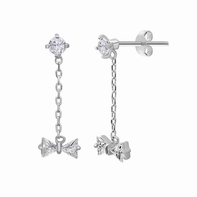 Sterling Silver Hanging Chain Small CZ Bow Earrings
