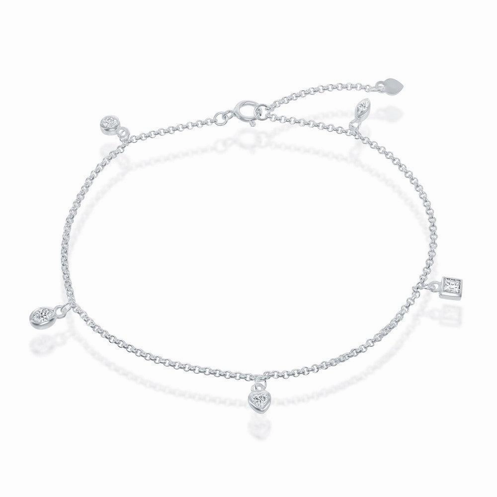 Sterling Silver Hanging Charms CZ Anklet