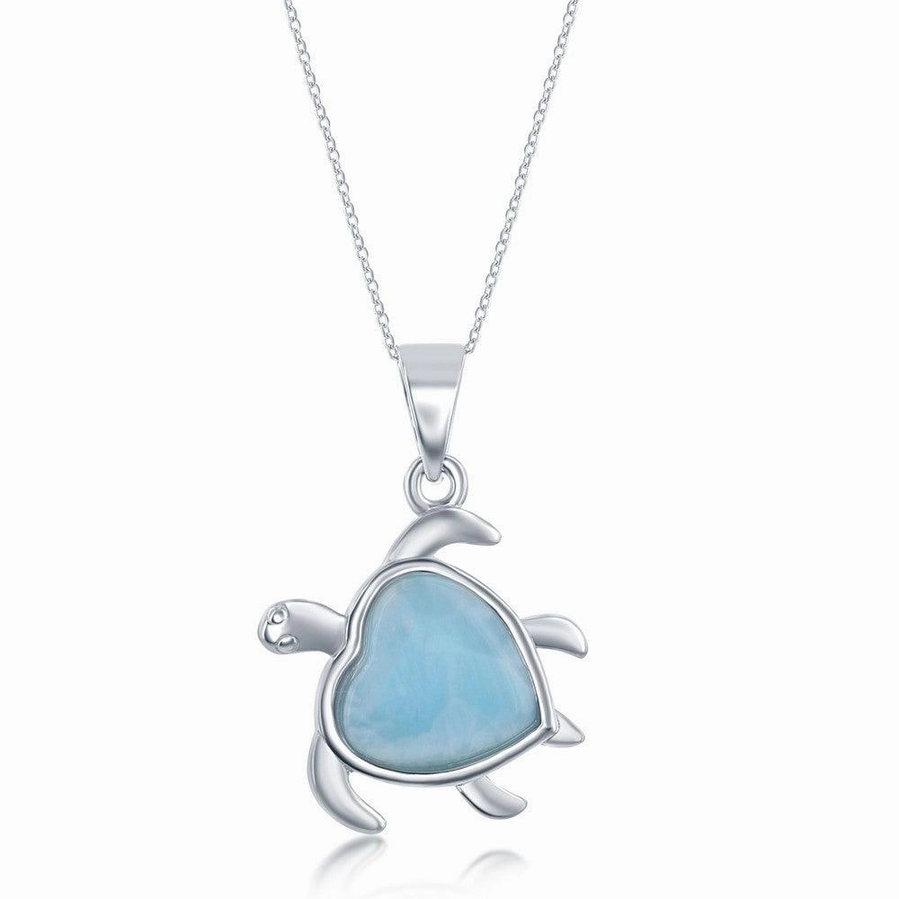 Sterling Silver Heart-Shaped Larimar Turtle Pendant