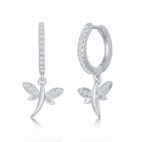 Sterling Silver Huggie Hoop CZ Dragonfly Earrings
