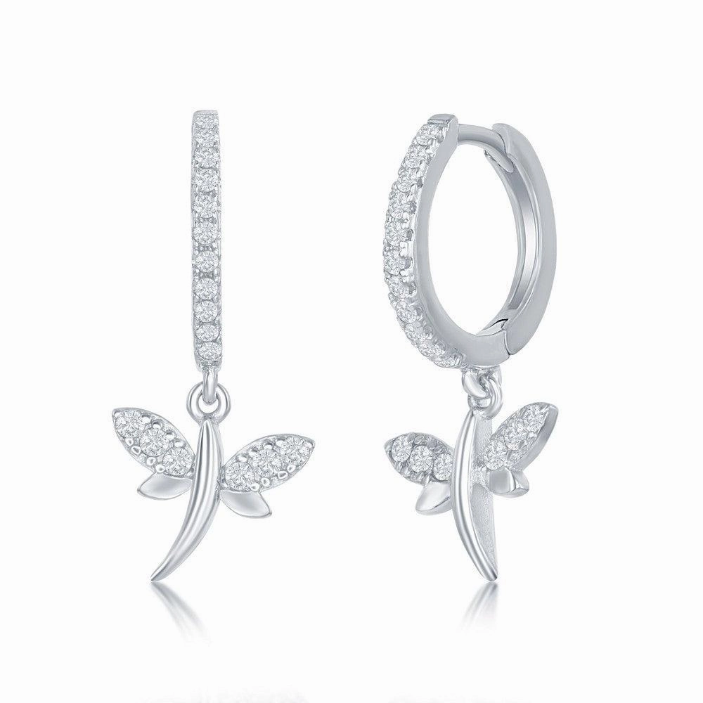 Sterling Silver Huggie Hoop CZ Dragonfly Earrings