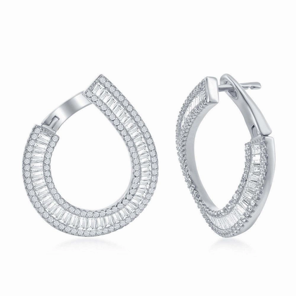 Sterling Silver J Shape Baguette CZ Border Earrings