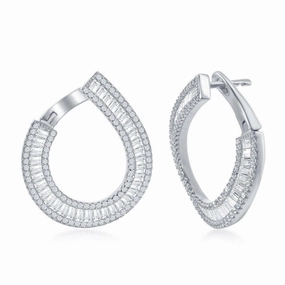 Sterling Silver J Shape Baguette CZ Border Earrings