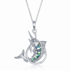 Sterling Silver Jumping Blue Marlin Fish Pendant - Abalone