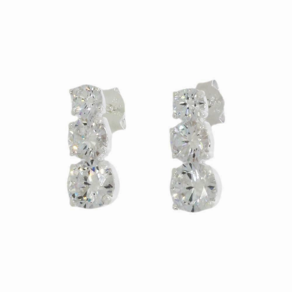 Sterling Silver Ladies Cubic Zirconia Triple Drop Stud Earrings