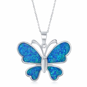 Sterling Silver Large Blue Inlay Opal Butterfly Pendant