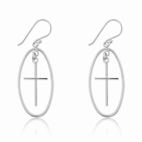Sterling Silver Large Open Oval with Cross Earrings