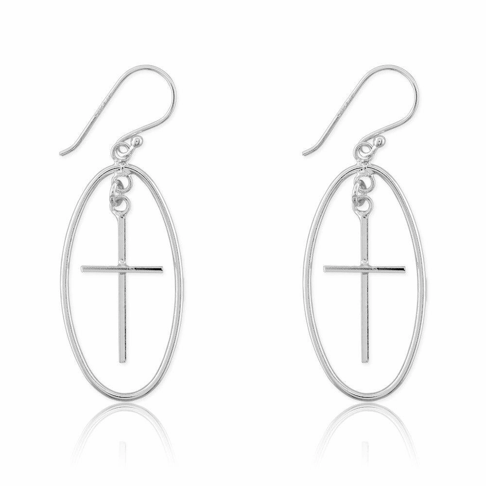Sterling Silver Large Open Oval with Cross Earrings