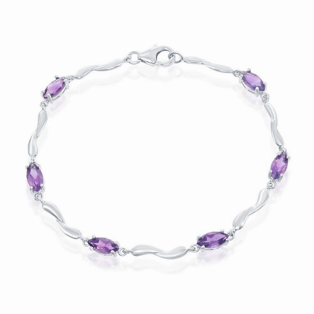 Sterling Silver Marquise Shaped Amethyst Gemstone Bracelet, 7.25"