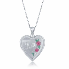 Sterling Silver Matte Mom with Flower Design Locket