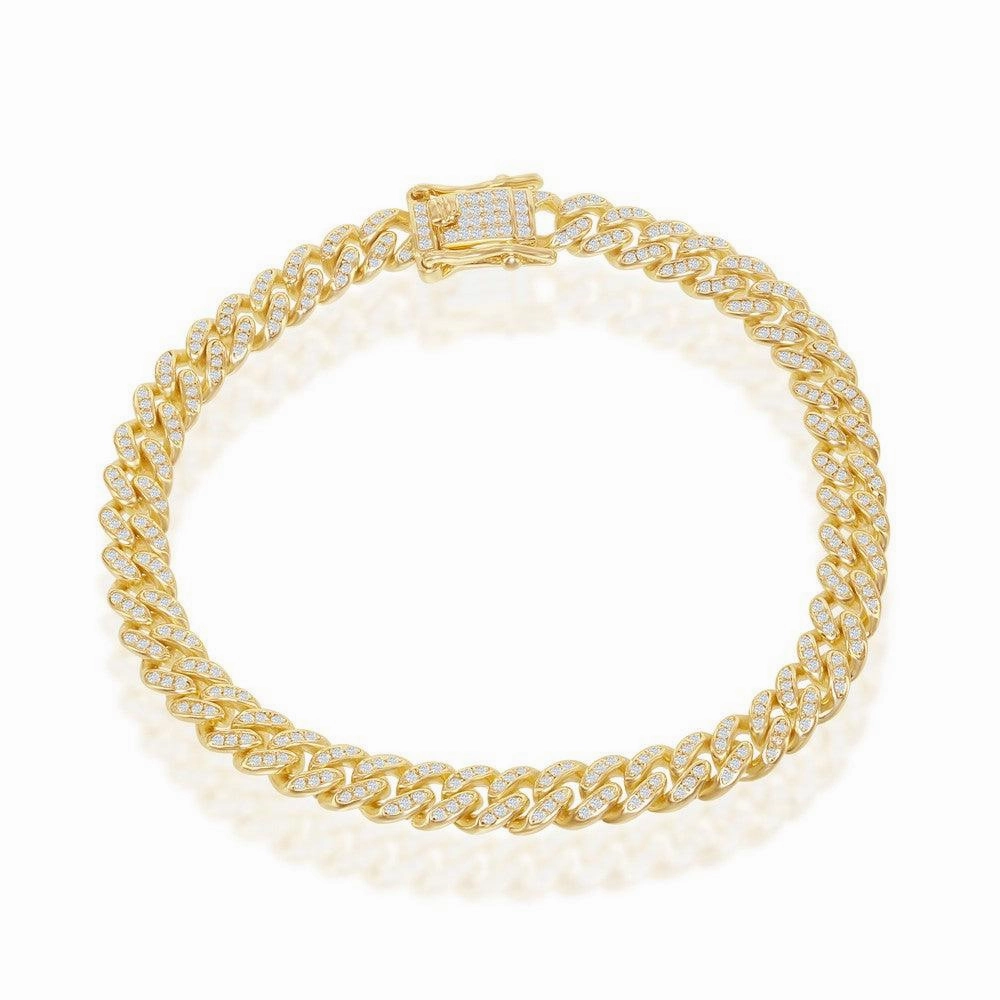 Sterling Silver Micro Pave CZ; 6.5mm Miami Cuban Bracelet - Gold Plated