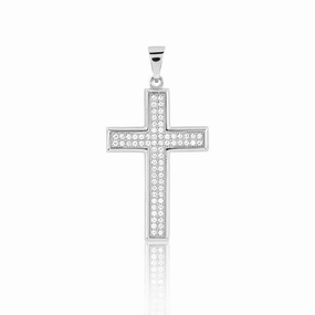 Sterling Silver Micro Pave CZ Cross With  Border Pendant (68 stones)