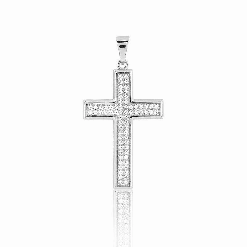 Sterling Silver Micro Pave CZ Cross With  Border Pendant (68 stones)