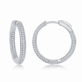 Sterling Silver Micro Pave CZ Hoop Earrings, 3 x 25 mm