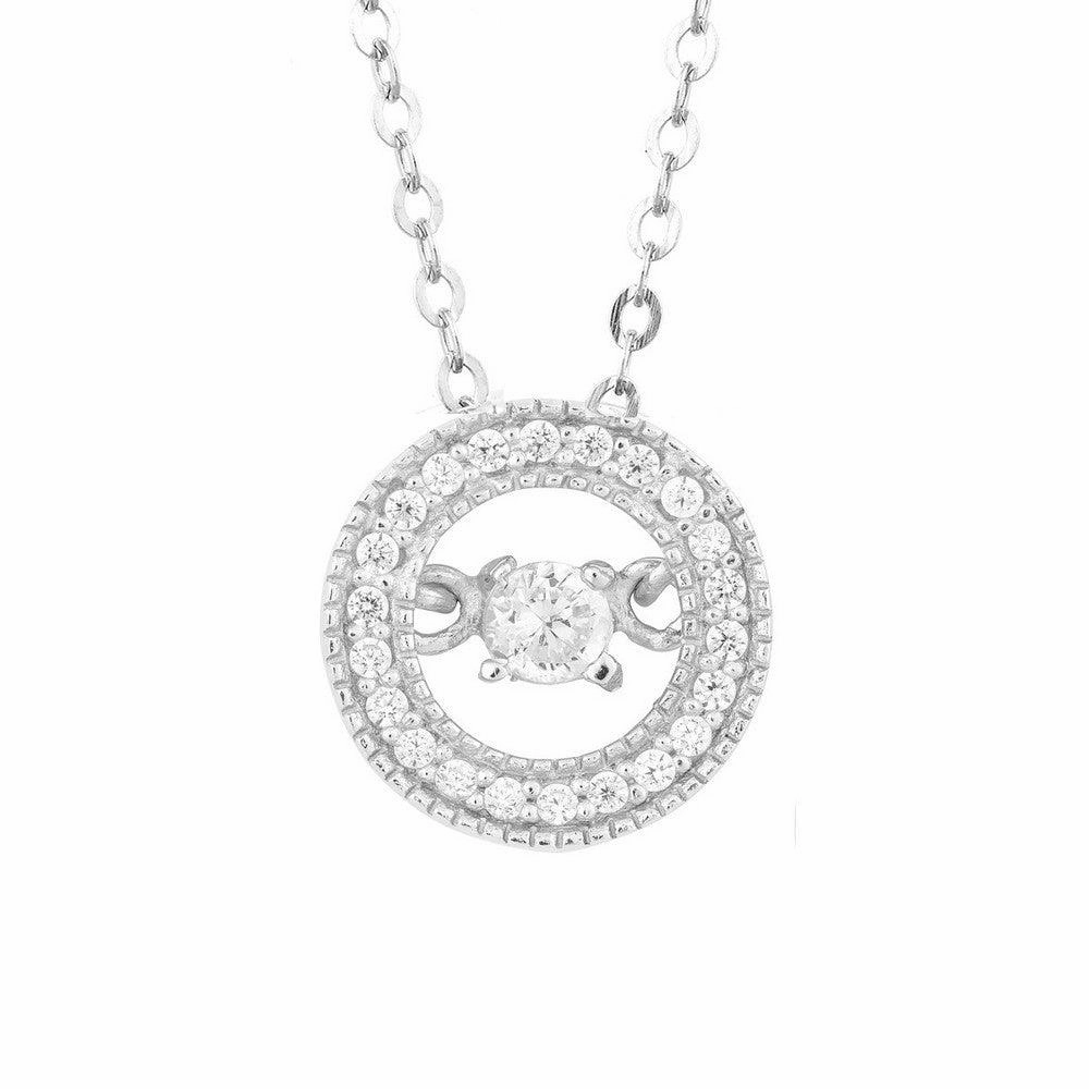 Sterling Silver Micro Pave with Center Dancing-Shimmering CZ Circle Pendant With Chain