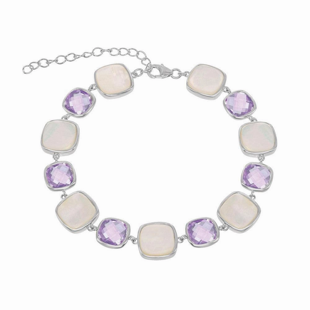 Sterling Silver MOP and Amethyst Square Bracelet, 7.25"