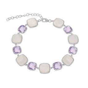 Sterling Silver MOP and Amethyst Square Bracelet, 7.25"