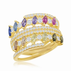 Sterling Silver Multi-Color Marquise CZ Double Ring, Size 7