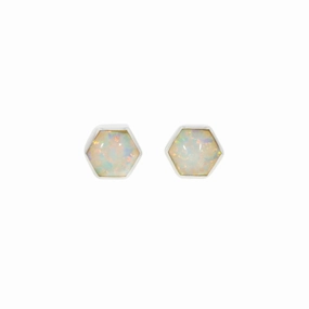 Sterling Silver Opalique Ladies Small Hexagonal Stud Earrings