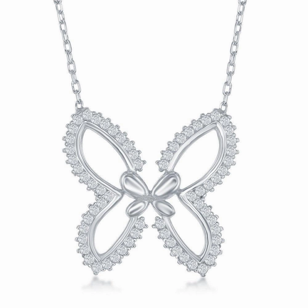 Sterling Silver Open Butterfly with CZ Border Necklace
