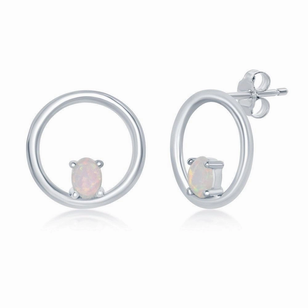 Sterling Silver Open Circle with Four-Prong White Opal Stud Earrings