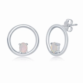 Sterling Silver Open Circle with Four-Prong White Opal Stud Earrings