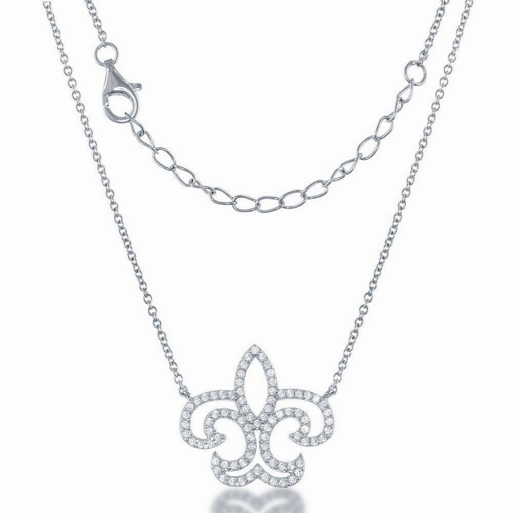 Sterling Silver Open CZ Fleur De Lis Necklace
