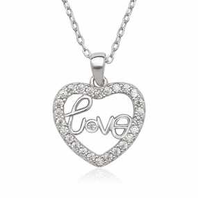 Sterling Silver Open CZ Heart with Love Center Necklace
