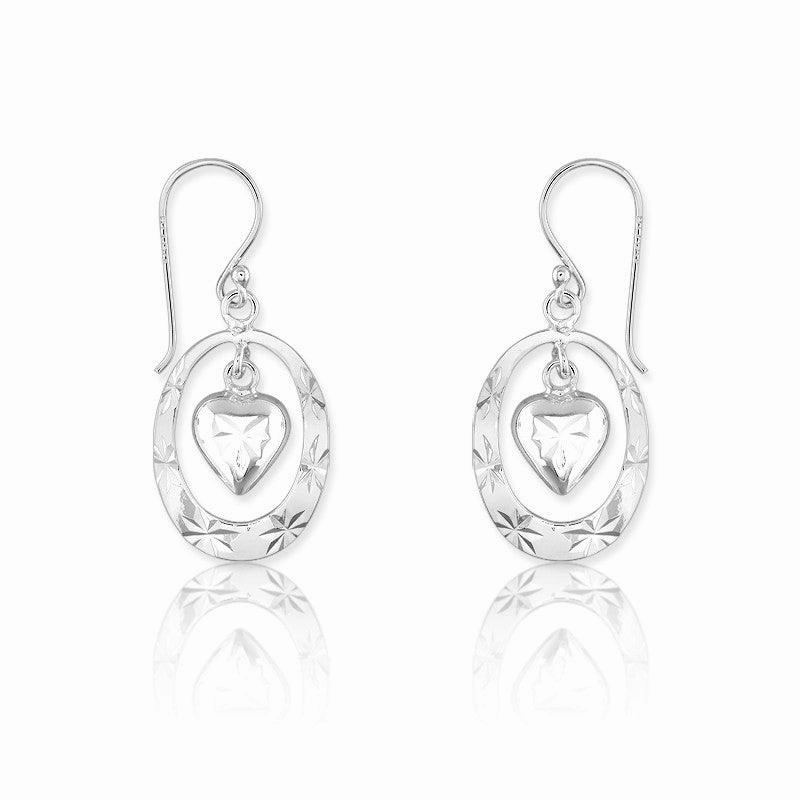 Sterling Silver Open Oval with Center Dangling Heart Earrings