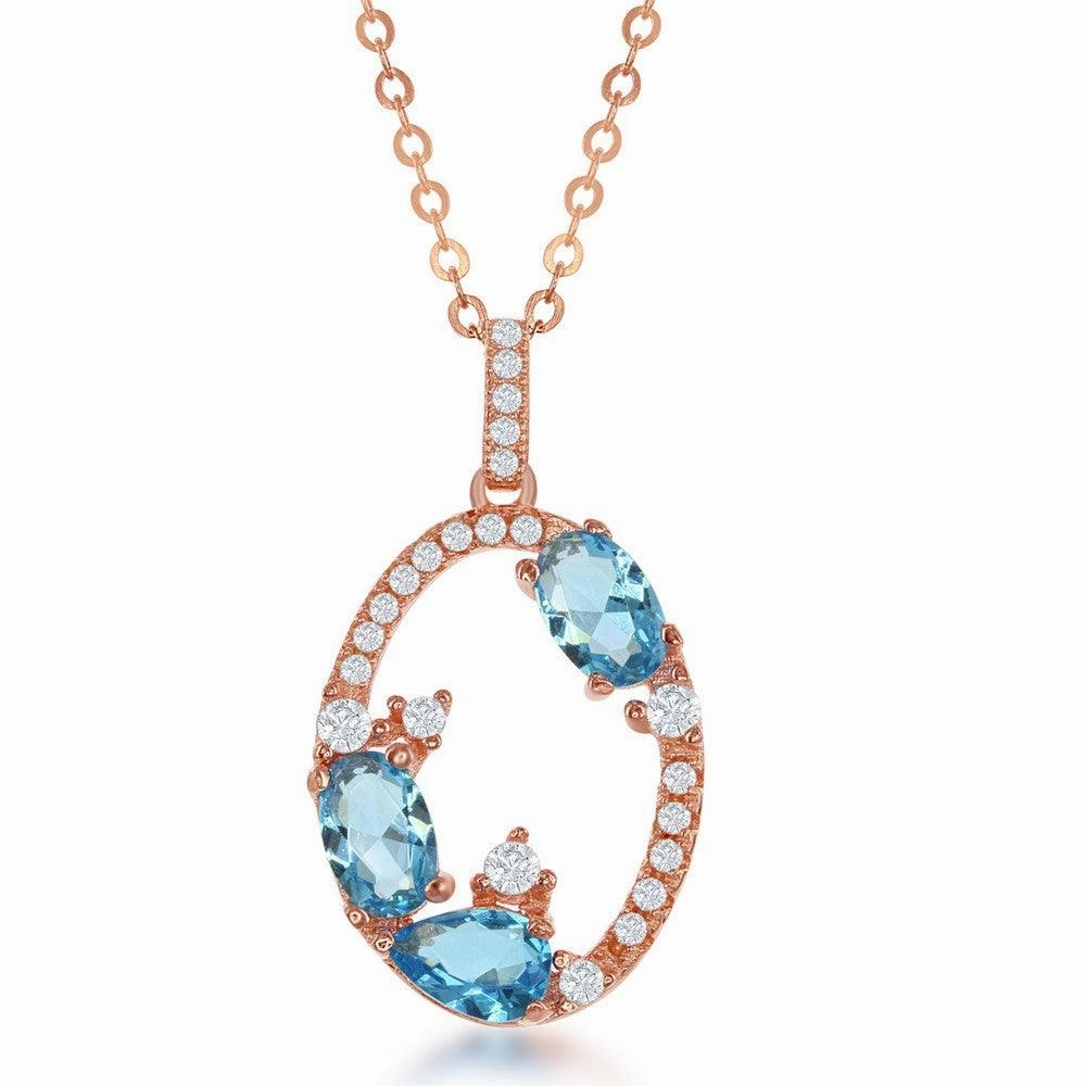 Sterling Silver Open Oval with CZ Border with Blue CZs Pendant - Rose Gold Plated