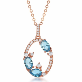 Sterling Silver Open Oval with CZ Border with Blue CZs Pendant - Rose Gold Plated