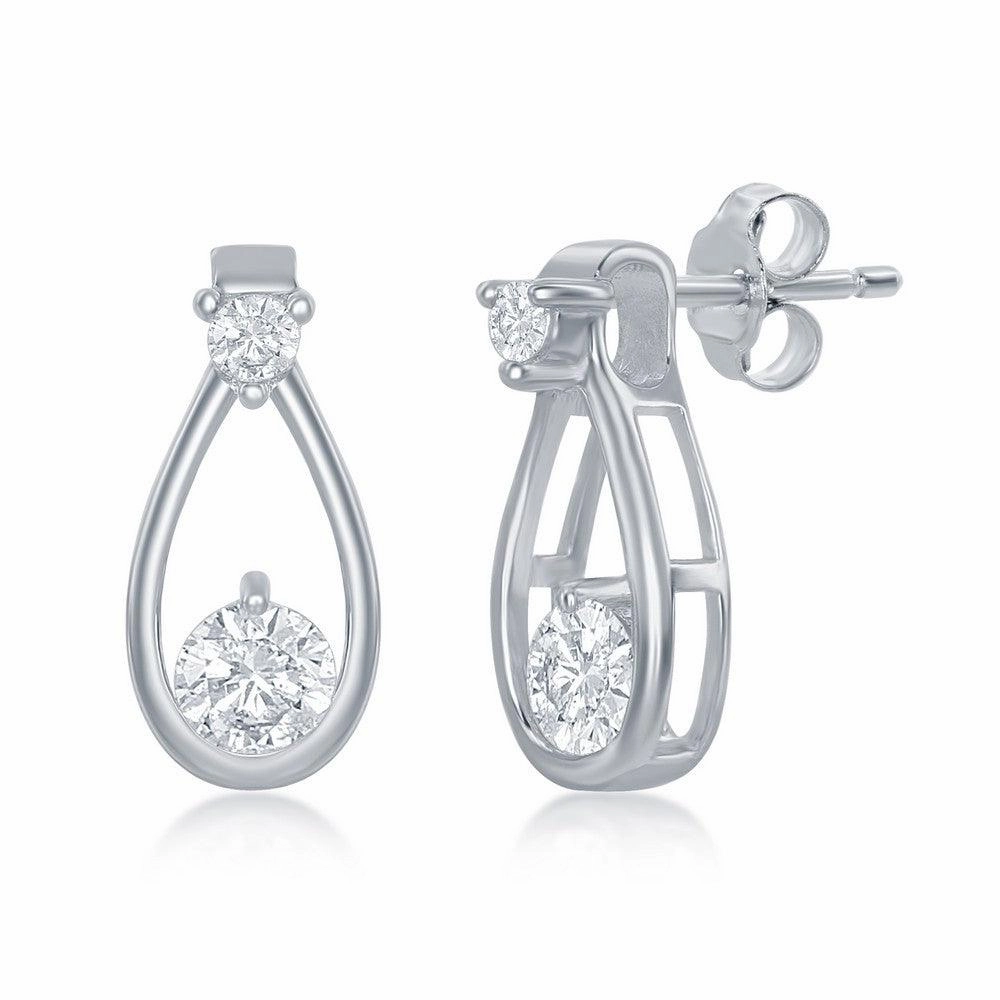 Sterling Silver Open Pearshaped Round CZ Stud Earrings